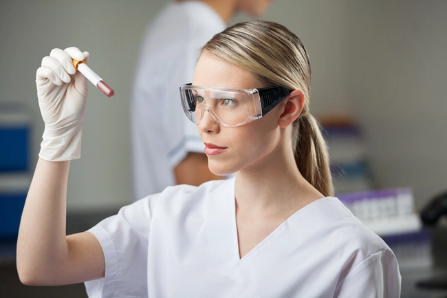 female lab technician testing blood sample in test tube
