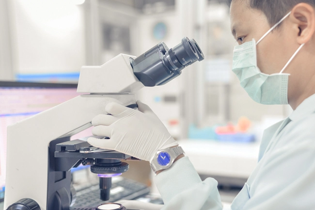 female using microscope for blood analysis