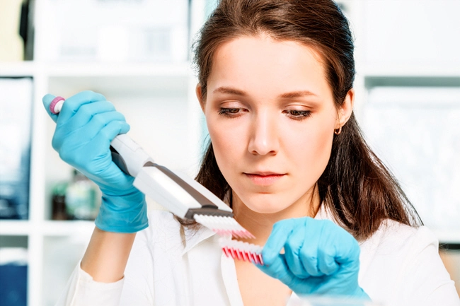 laboratory assistant with a sample of blood in a test tube