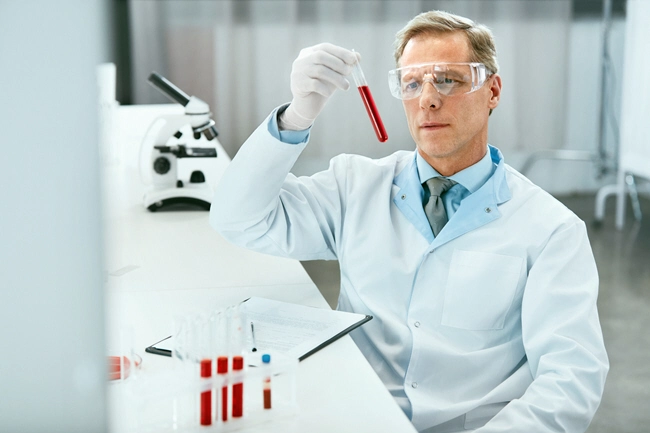male doctor analyzing blood sample