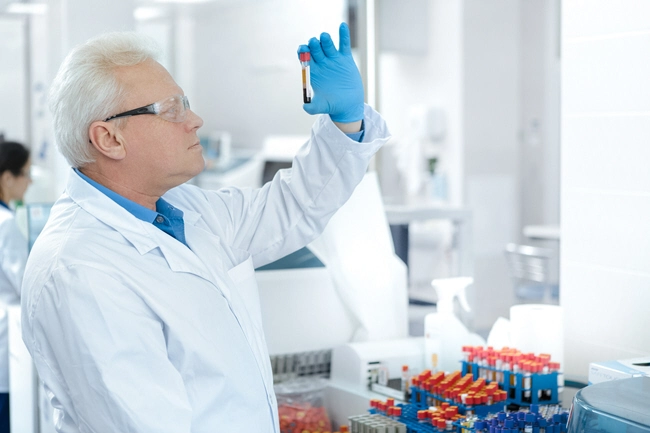 male doctor examines blood sample in laboratory