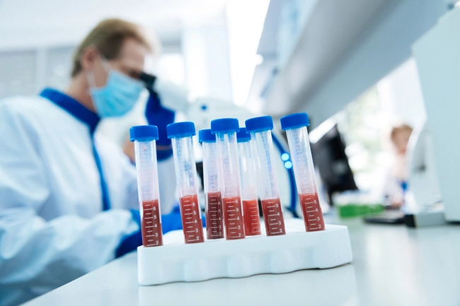 male doctor examines rack of blood samples