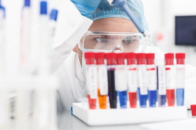 male doctor examines rack of test tubes in lab