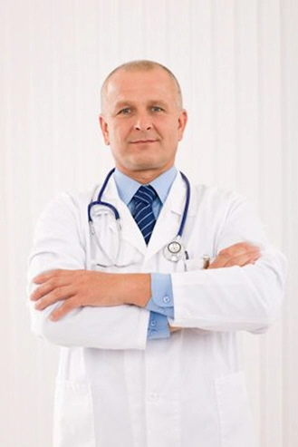 mature doctor male with stethoscope cross arms