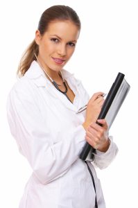 Young beautiful female HGH doctor isolates on white 199x300