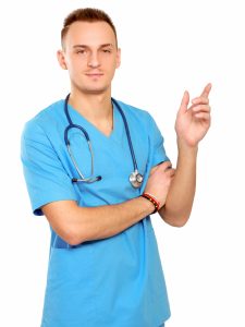 a male doctor HGH pointing something interesting isolated on white background  225x300