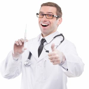 happy medical doctor hold syringe and thumbs up isolated on white background 256791976 300x300
