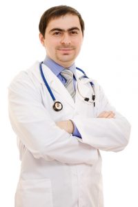 a doctor with a stethoscope placed his hands crosswise on a white background  200x300