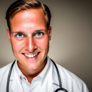 a professional and visually appealing image of a young happy smiling caucasian doctor with white teeth