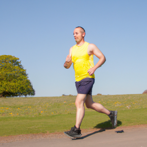 a professional appealing image of a caucasian man or woman jogging on a sunny day