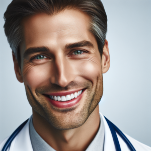 a photo realistic professionally appealing image of a good looking and athletic 35 to 45 year old happy smiling male white doctor with white teeth