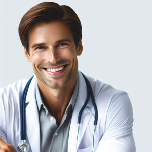 a photo realistic professionally appealing image of a good looking and athletic 35 to 45 year old happy smiling male white doctor with white teeth