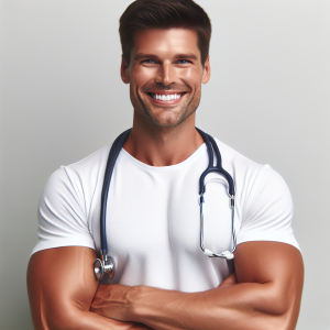 a photo realistic professionally appealing image of a good looking and athletic 35 to 45 year old happy smiling male white doctor with white teeth