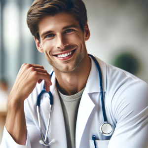a photo realistic professionally appealing image of a good looking and athletic 35 to 45 year old happy smiling male white doctor with white teeth
