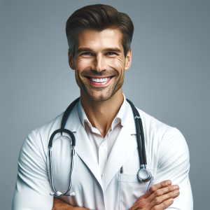 a photo realistic professionally appealing image of a good looking and athletic 35 to 45 year old happy smiling male white doctor with white teeth