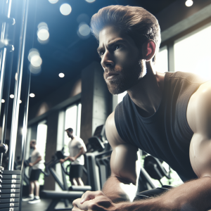 a photo realistic professionally appealing image of a good looking and athletic white man exercising in a gym 705 300x300