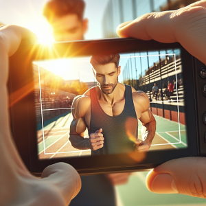 a photo realistic professionally appealing image of a good looking and athletic white man exercising or playing sports outside on a sunny day