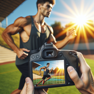 a photo realistic professionally appealing image of a good looking and athletic white man exercising or playing sports outside on a sunny day