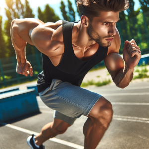a photo realistic professionally appealing image of a good looking and athletic white man exercising or playing sports outside on a sunny day
