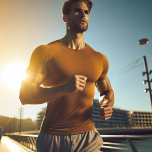a photo realistic professionally appealing image of a good looking and athletic white man exercising or playing sports outside on a sunny day