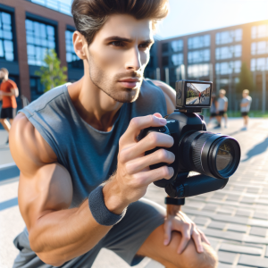 a photo realistic professionally appealing image of a good looking and athletic white man exercising or playing sports outside on a sunny day