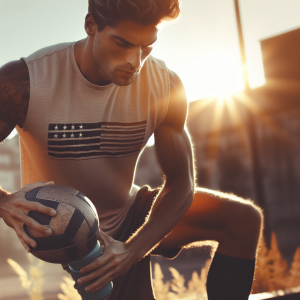 a photo realistic professionally appealing image of a good looking and athletic white man exercising or playing sports outside on a sunny day