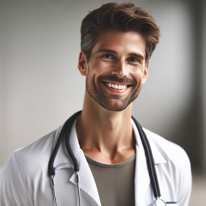 a photorealistic professional appealing image of a good looking and athletic 35 to 45 year old happy smiling male caucasian doctor with white teeth