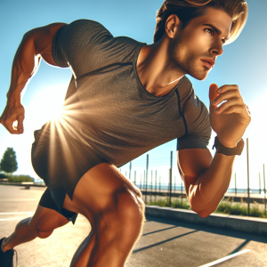 a photorealistic professional appealing image of a good looking and athletic caucasian man exercising or playing sports outside on a sunny day